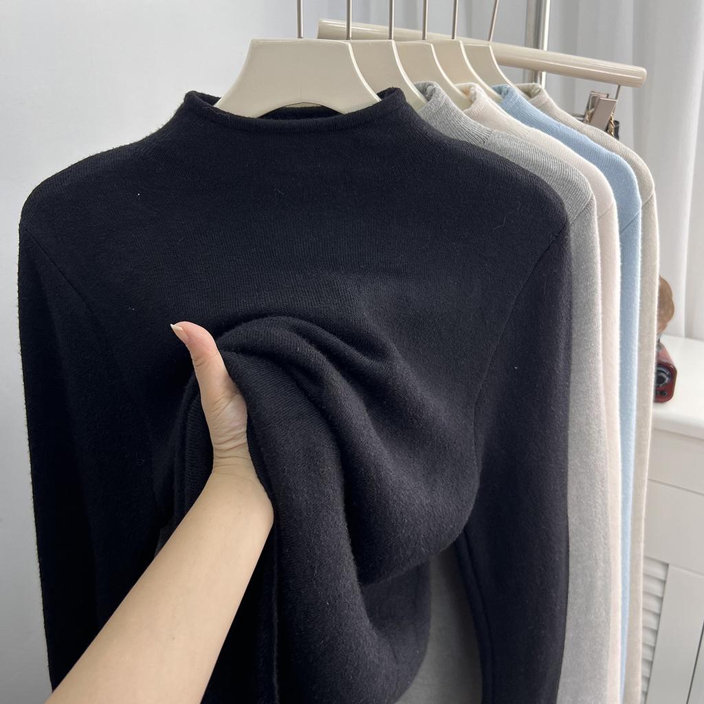 Spring, Autumn and Winter New Milk Waxy Versatile Semi-turtleneck Plush Thickened Sweater Bottom Shirt Femininity Inner Top