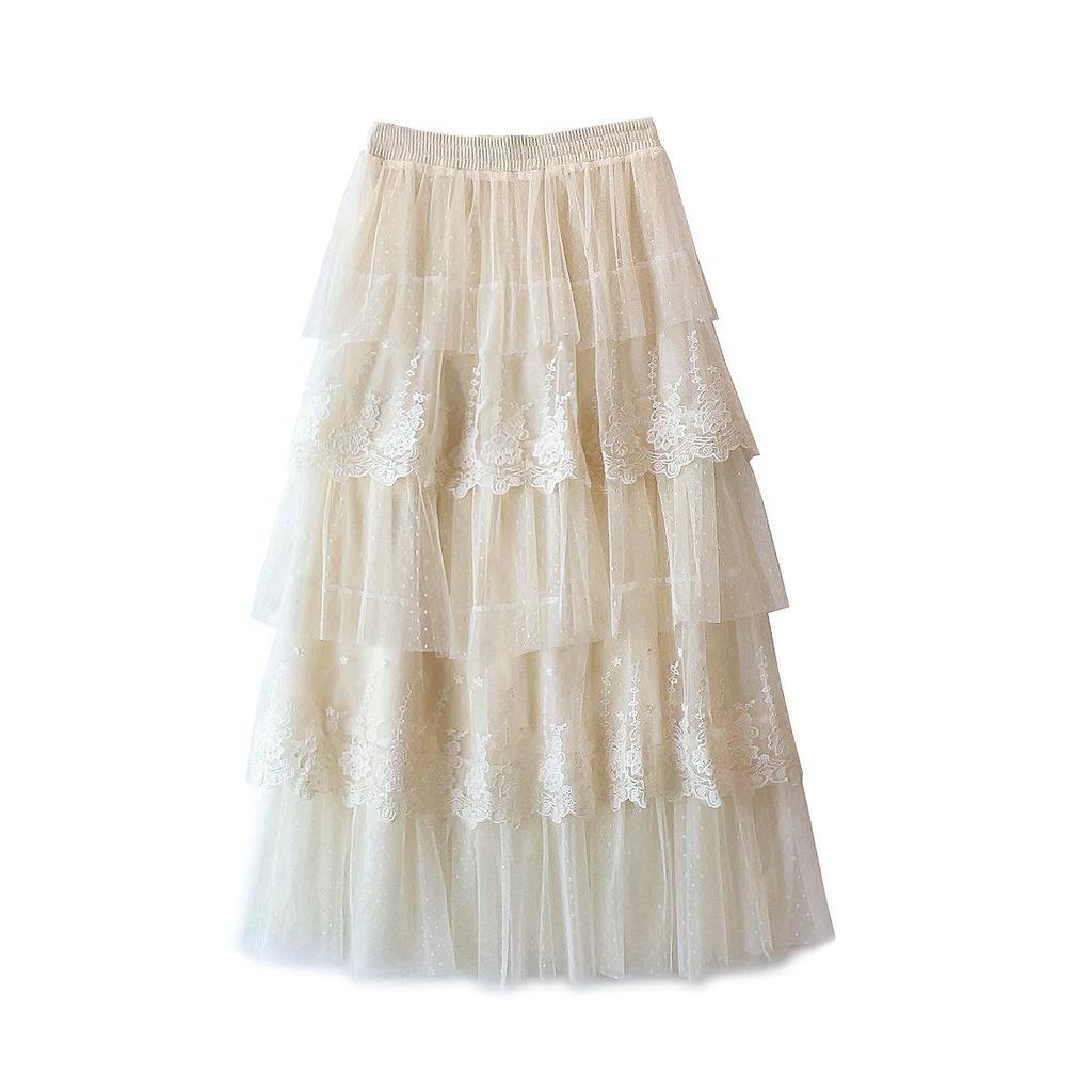 2024 Summer French Lace Embroidered Tulle Midi Skirt