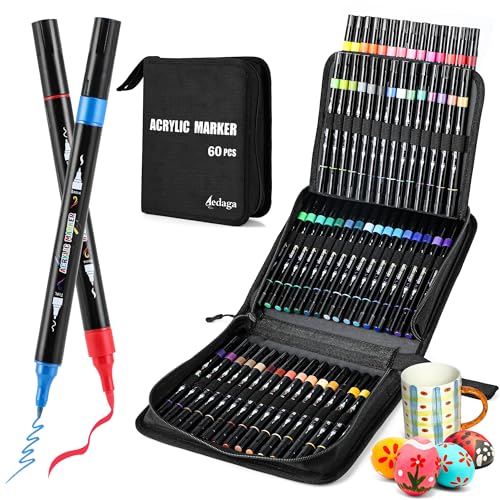Acrylic Marker Pen Set, 60 Colors, with Storage Bag, Water-Based, Non-Toxic, Waterproof, Quick-Drying, Light-Resistant, with Thick and Fine Ends, for