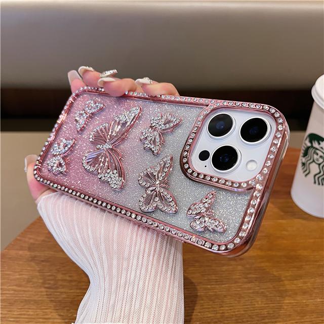For iPhone 16 Pro Max Luxury Flash Glitter Butterfly Plating Frame Phone Case For iPhone 11 12 13 14 15 16 Plus Rhinestone Cover