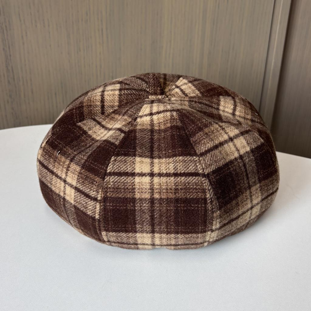 Retro Plaid Octagonal Hat Ladies British Versatile Painter Hat Show Face Small Warm Beret