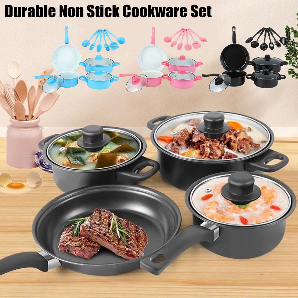 Maifan Stone Non-Stick Cookware Set Deep Frying Pan Milk Pot with Lid for Home Kitchen Rapid Heat Conduction Pot Set 12-PCS Kit nero