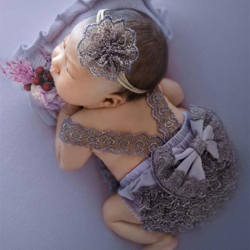 Photoshooting Props for Baby Shower Gift Newborn Costume Flower Headband Bowknot Lace Romper Dress Photography Clothing