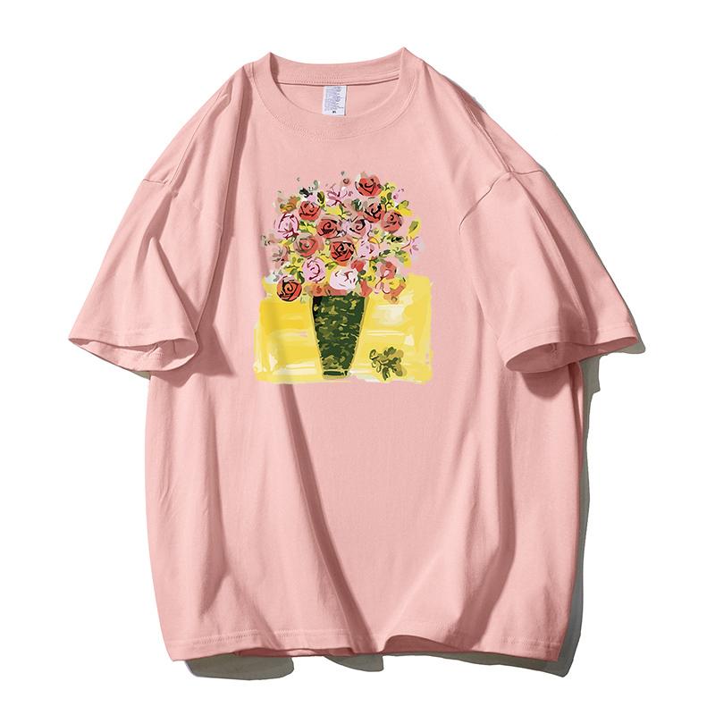 Shellsuning Tričko s potiskem krásných květin pro ženy Letní móda s výstřihem do O Umělecká trička nadměrné velikosti Dámská 100% bavlna Základní měkké topy Harajuku