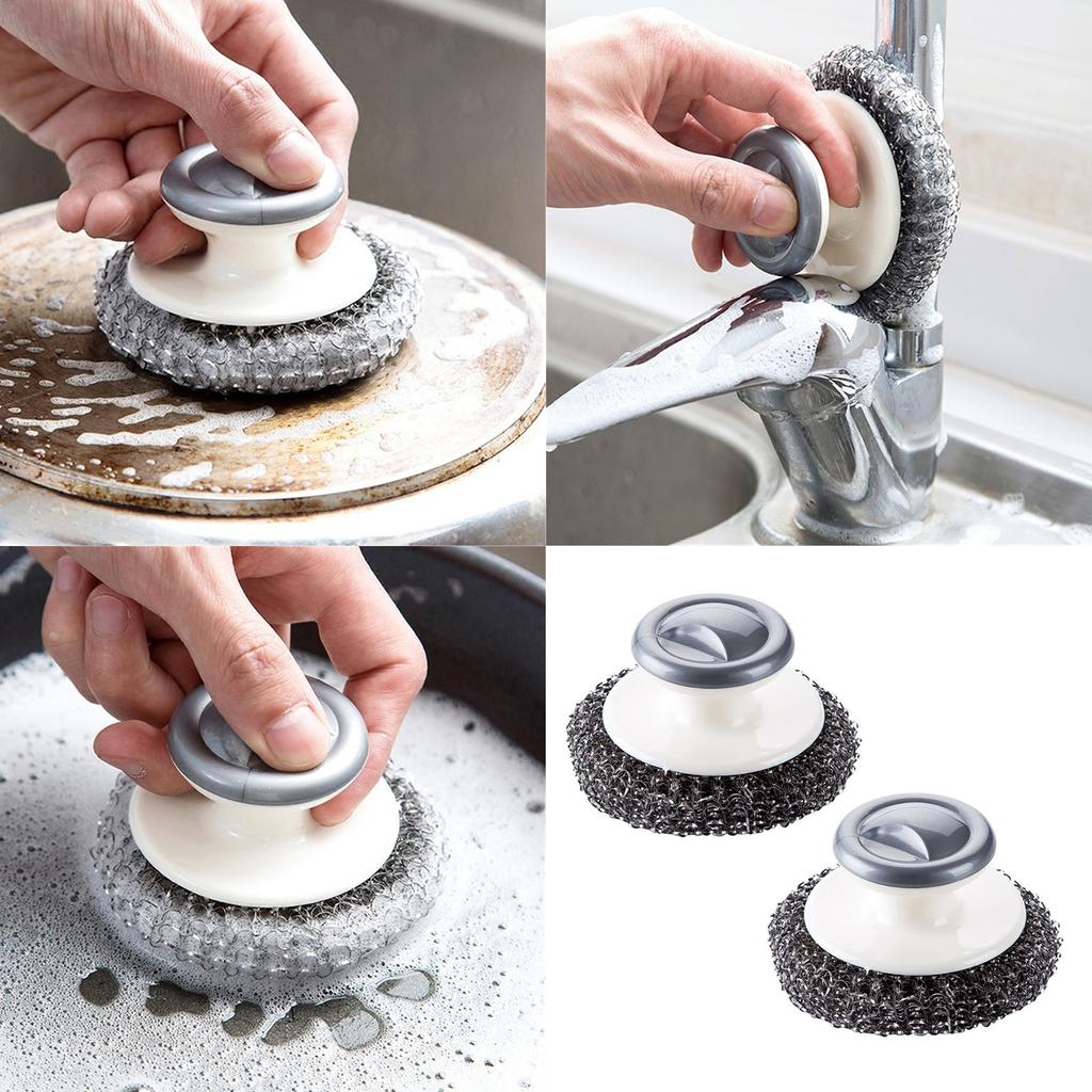 Pack of 2 Stainless Steel Wool Scrubber with Handle for Kitchen and Bathroom Pots Pans Cleaning Scrubbing Scouring Pad