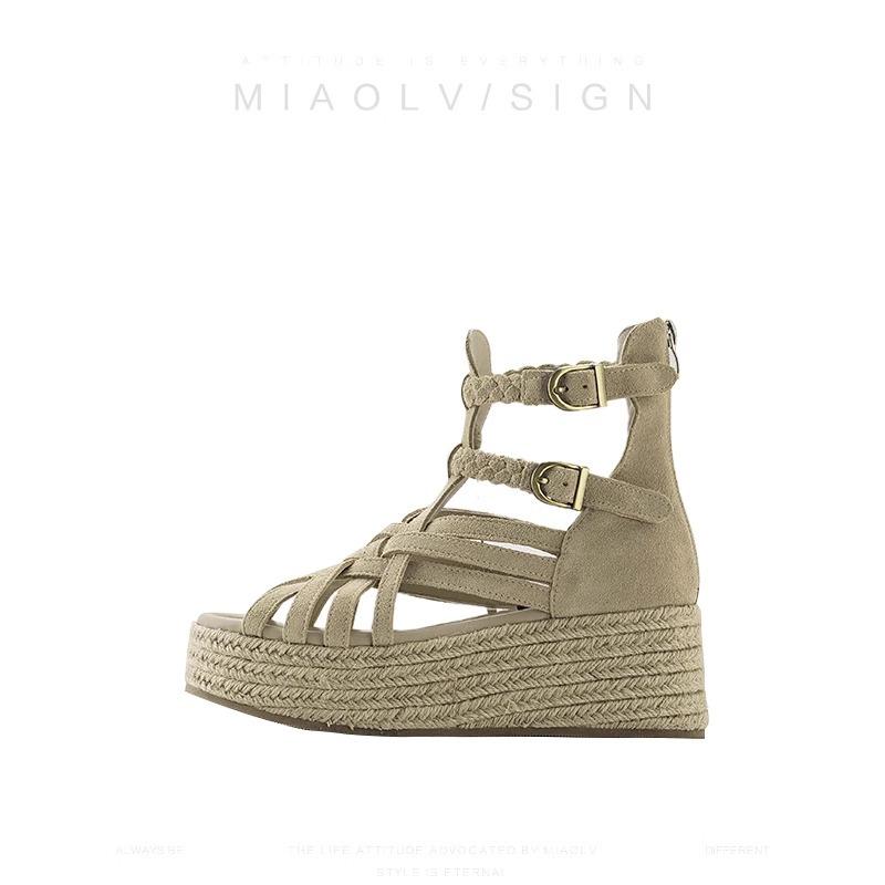 Retro thick-soled straw-woven leather sandals women's summer new open-toed waterproof table muffin shoes