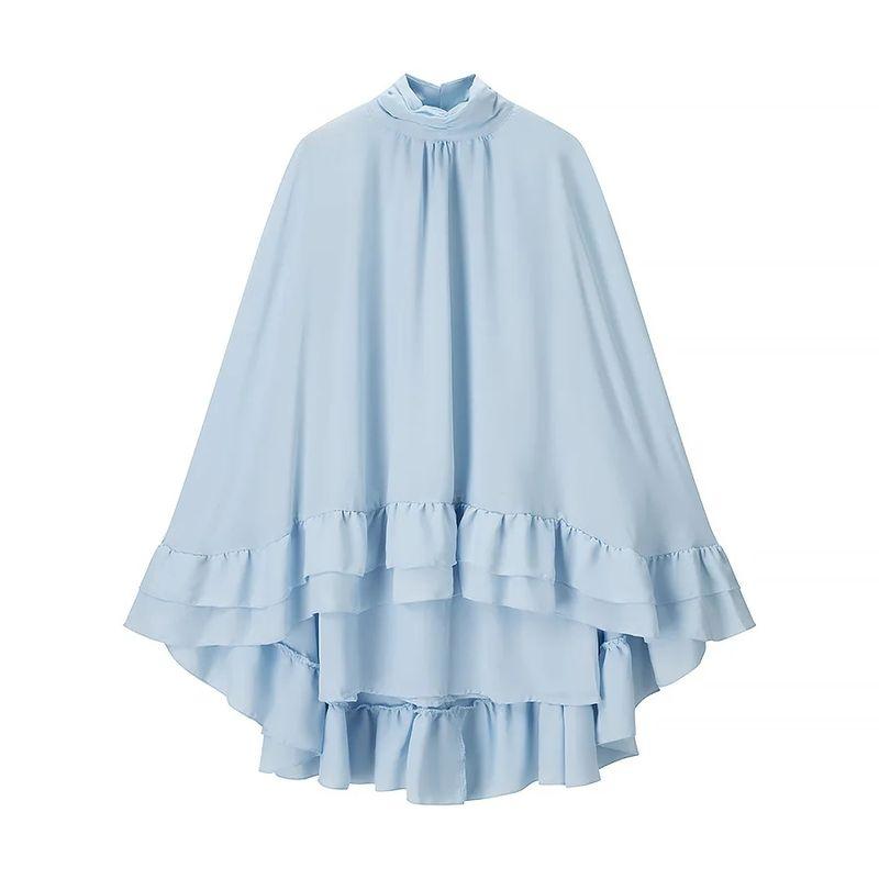 

Pure Love Story Island Holiday Style Elegant Irregular Frill Stand Collar Cape Style Layered Dress Sky Blue L