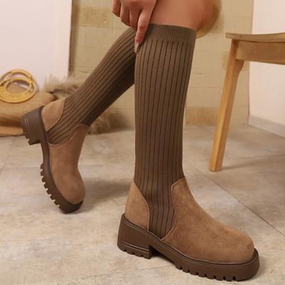 Women Chunky Platform Knitted Socks Boots Knee High Fad Heeled Shoes  Winter New Casual Mid Heels Woman Chelsea Long Botas