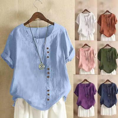 Women's Shirt Casual Short-sleeved Single-breasted Cotton and Linen Shirt Short-sleeved Round Neck Hem Split Top