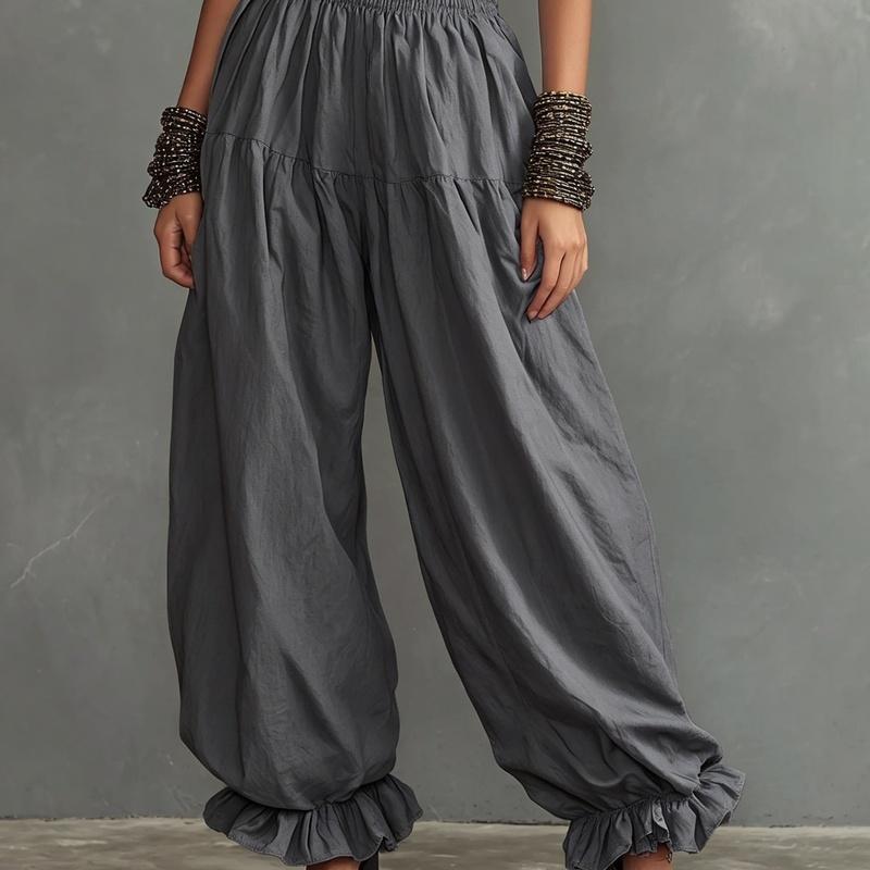 Women's Smocked Waist Harem Pants Loose Balloon Trousers Ruffle Ankle Casual Summer Pants