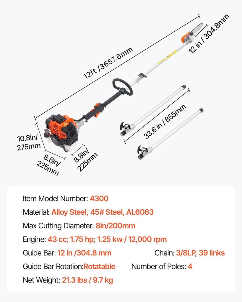 Gas Pole Saw, 43CC 2 Stroke Gas Powered Pole Saws with 30.48 Cm Cutting Bar, Cordless Tree Trimmer with Rotatable Head, 2.16 To 3.66 M Extendable,