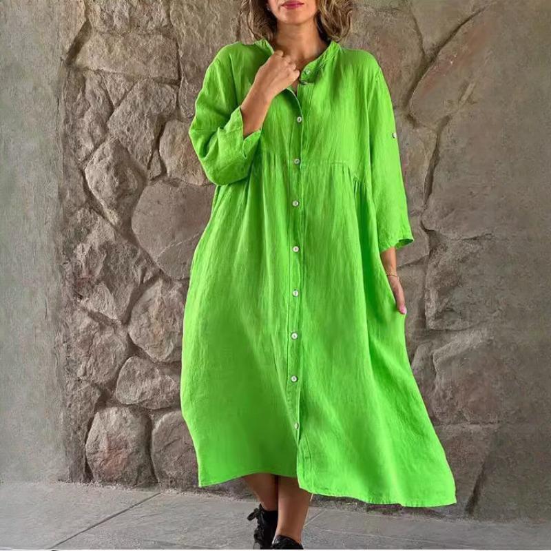 BITCED Women's Cotton Linen Solid Colour Casual Stand Collar Button Up Long Dress