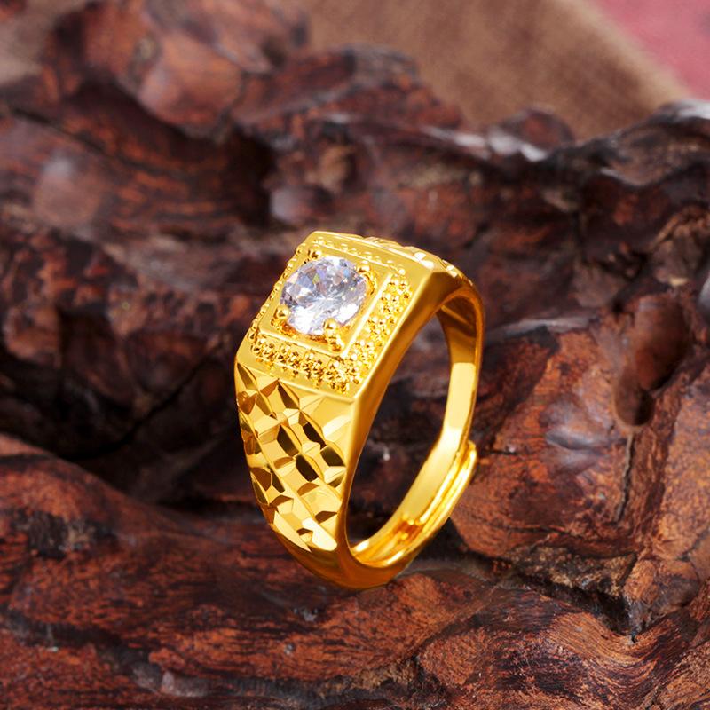 Men'S 24K Gold Au999 Stylish Ring With Sparkling Inserts | Geometric Matte Gold With Faceted Accents, Sophisticated For Business