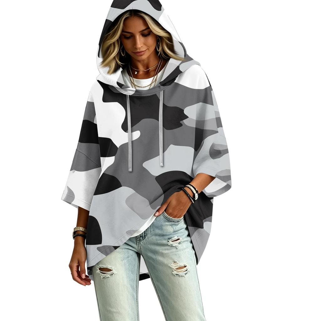 Women's Print Three-Quarter Sleeve Hooded Pullover Top Casual Fashion