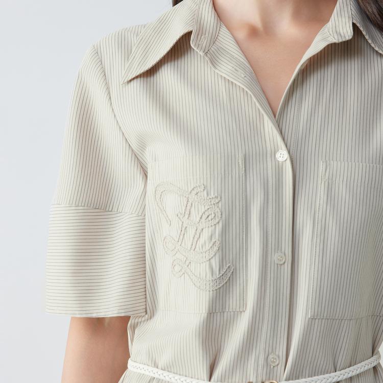 ELLE French Minimalist Design Lapel Waist-Defining Casual Versatile Color-Block Solid Embroidered X-Stripe Midi Dress Short Sleeve Dress L8ALM039