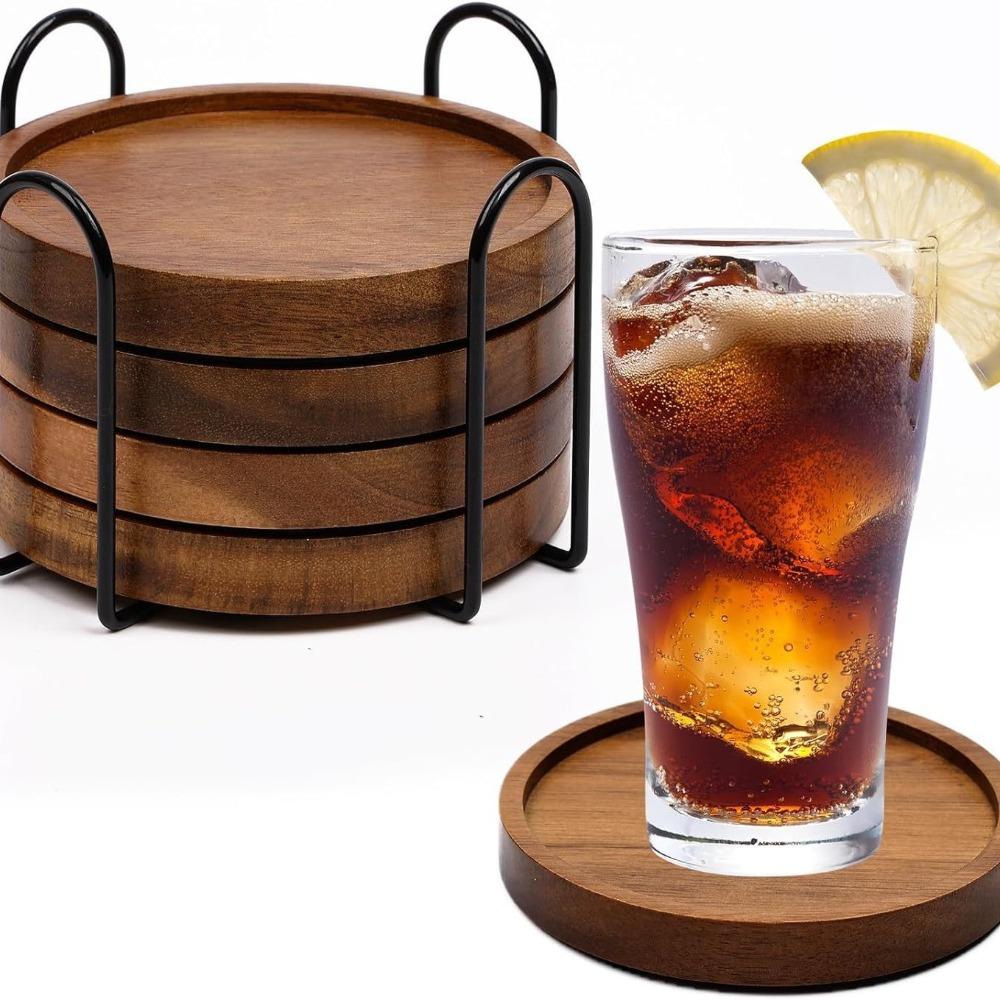 1/4/6Pcs Minimalist Wooden Coasters Natural Absorbent Modern Rustic Heat Insulation Pad with Bracket Eco-Friendly Table Mat Desk