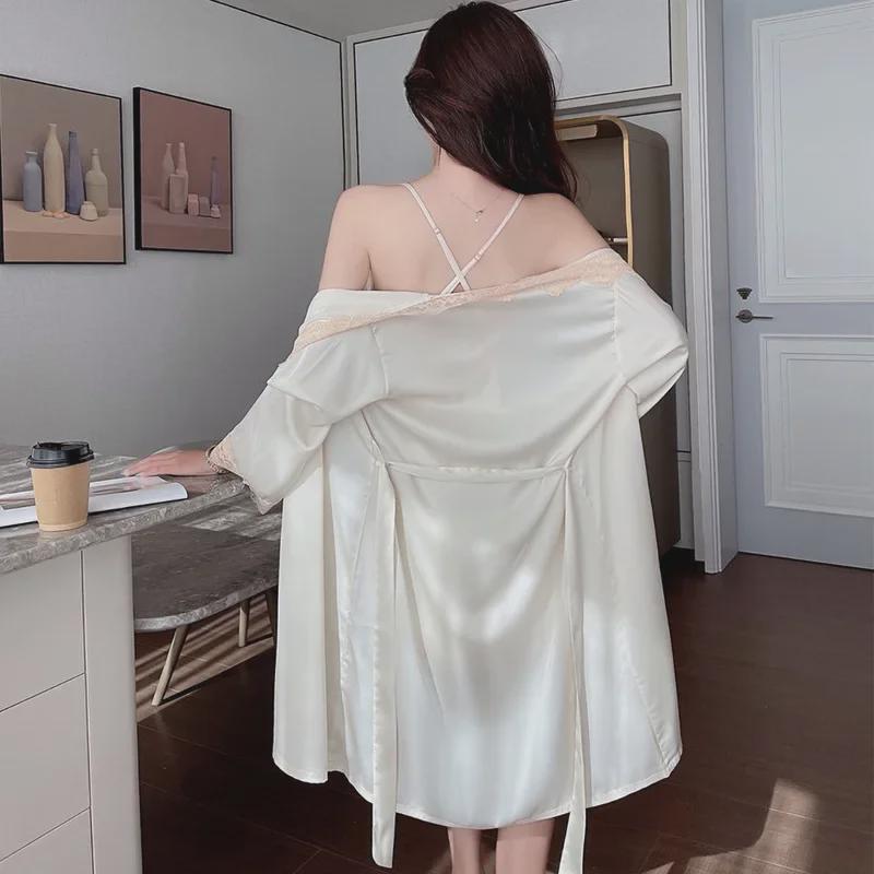 Ice Silk Lace Deep V Backless Pajama Set for Women