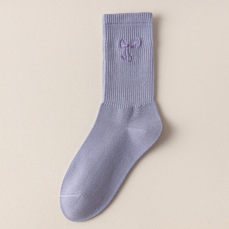 Solid Color Versatile Mid-calf Socks, Simple Long Socks for Autumn and Winter, Cute Bow Cotton Socks, Women's Socks for Spring and Autumn