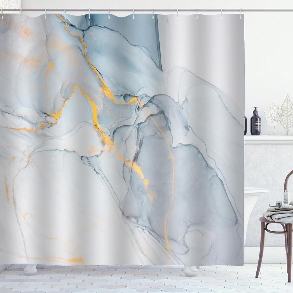 Blue Marble Shower Curtain - Abstract Modern Ink Art, Waterproof Polyester, 72x72In, 12 Hooks