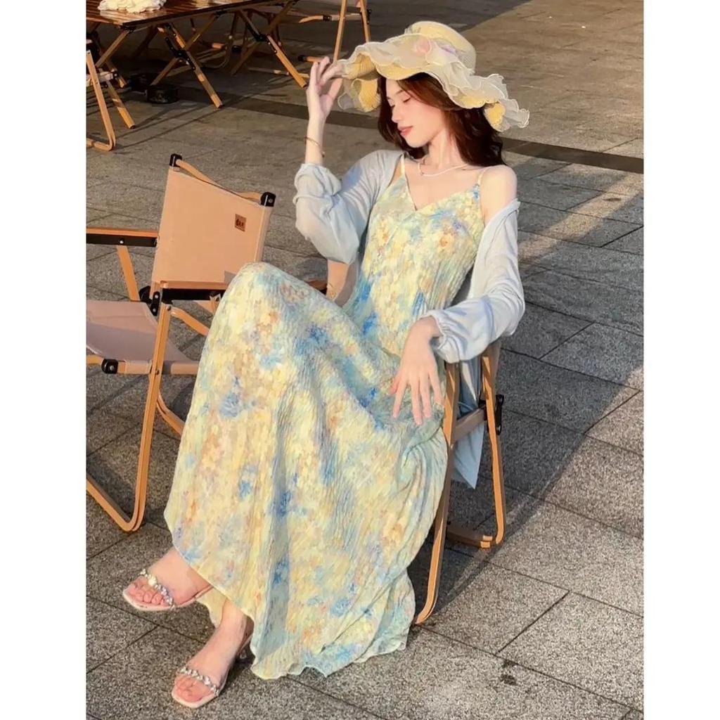 2025 Summer Floral Print Maxi Camisole Dress: Commuter Style with Patchwork Design for Women
