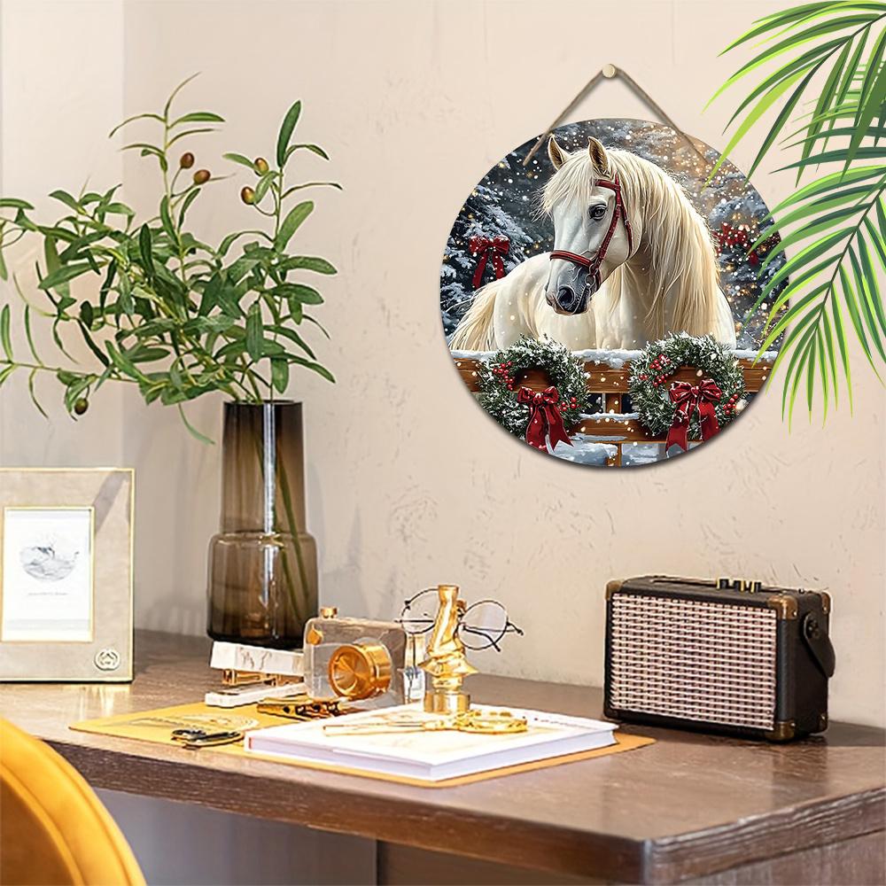 Warm Winter Wooden Christmas Sign with White Horse Pattern, Christmas Round Sign for Front Door Wall Hanging Decor, Ideal Christmas Gift