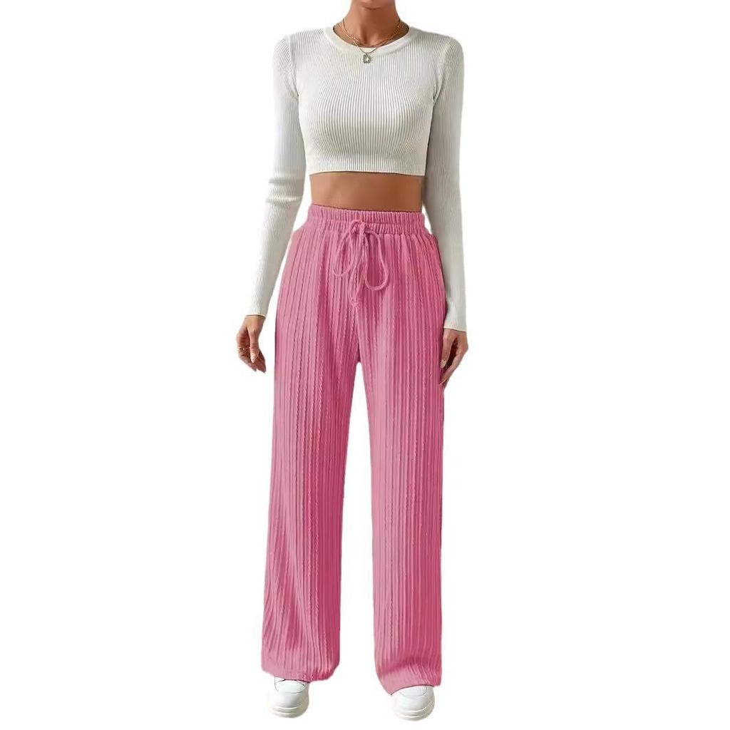 2024 Women's Textured Knit Wide-Leg Pants - Elastic High Waist, Tie Waist, Solid Color, Casual Loose Fit