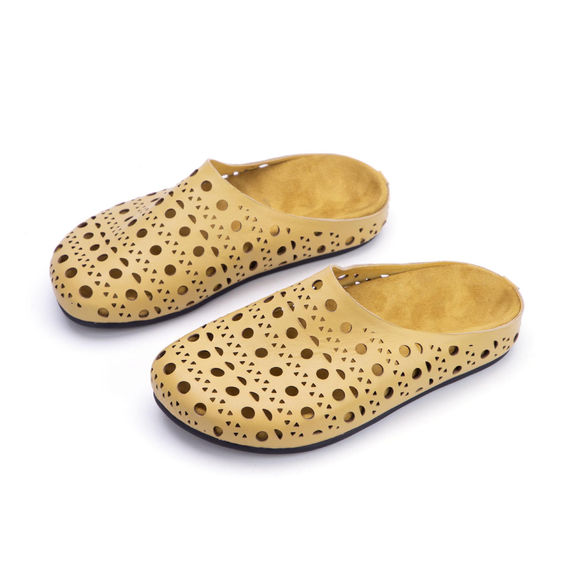 

Тапочки из натуральной кожи с круглым носком Johnature, дышащие мокасины с ажурной отделкой, повседневная женская обувь без застежек 39 светло-желтого