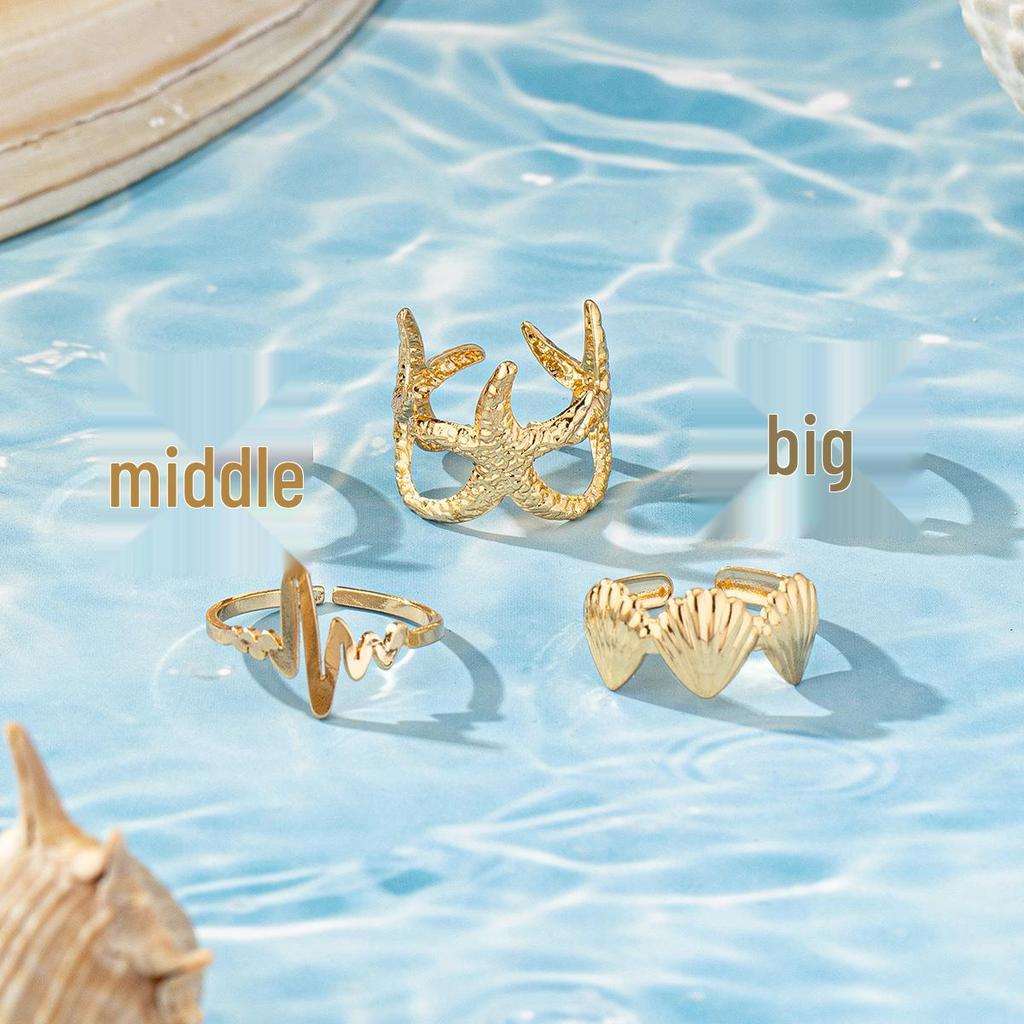 Minimalist Starfish & Wave Adjustable Open Ring Set