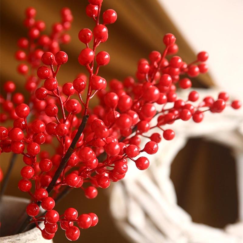 Artificial Red Berry with Stem 6 Branches Holly Berries Simulation Fake Flower