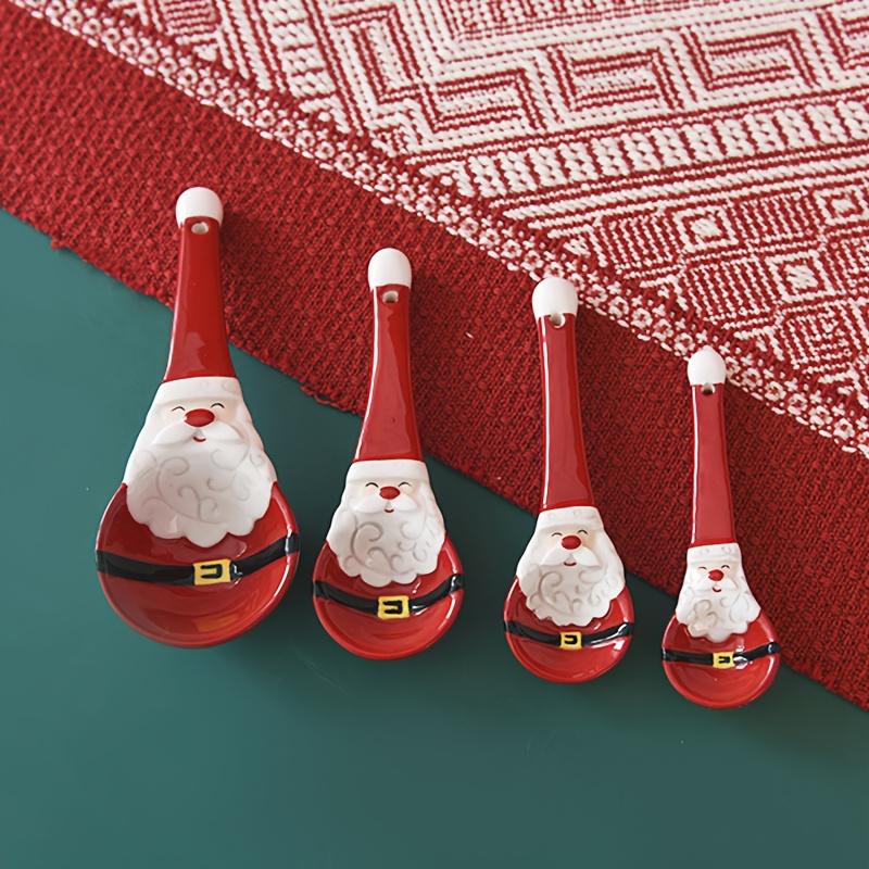 4pcs Santa Claus Ceramic Spoons, Baking Measuring Scoops with Graduations for Salt, Sugar Seasoning and Soups, 3D Embossed Design