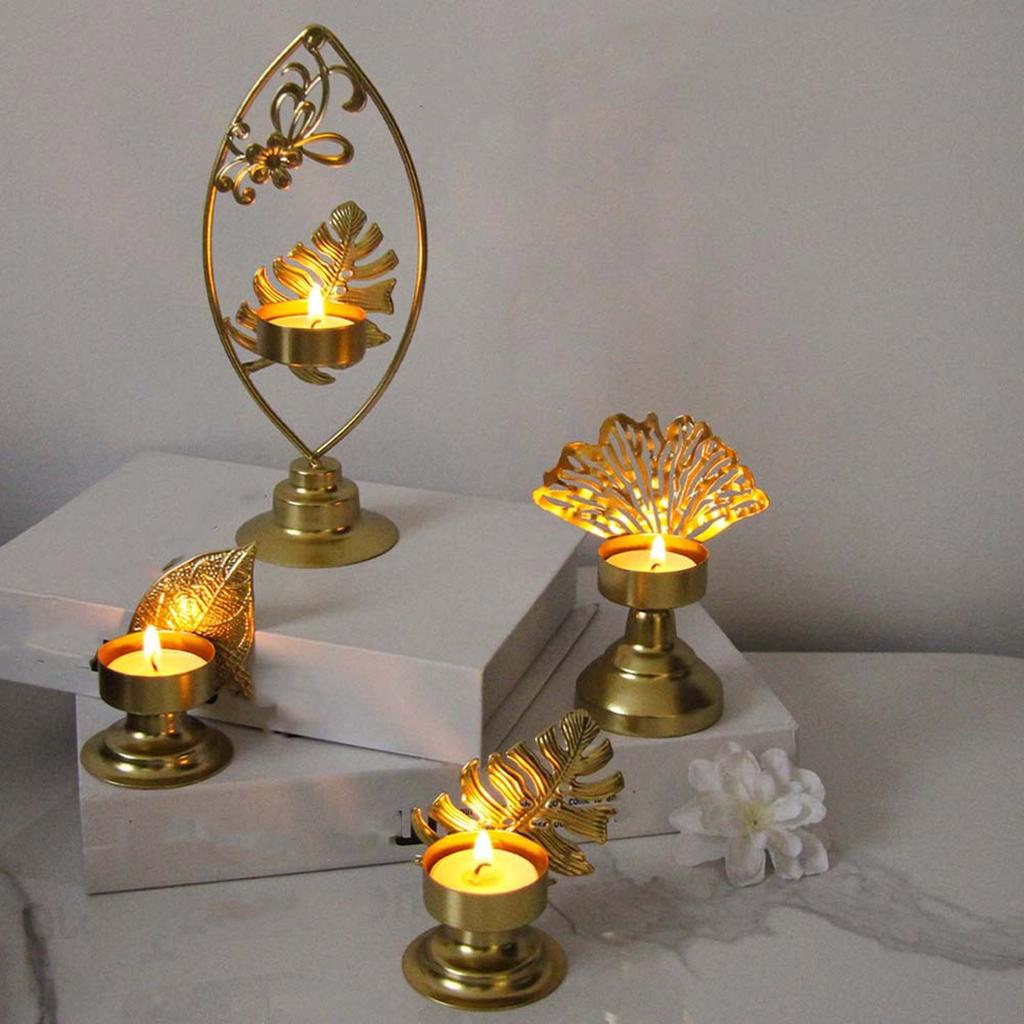 Golden Iron Tealight Candle Holder for Elegant Dining Room and Weddings Centerpieces Metal Leaf Shape Candlestick Stand