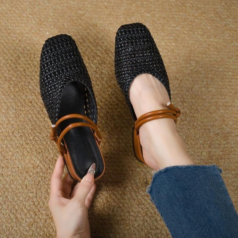 Fashion Soft Fur Woven Breathable Sandals New Square Toe Shallow Mouth Woven Baotou Half Slippers for Women's Summer Wear