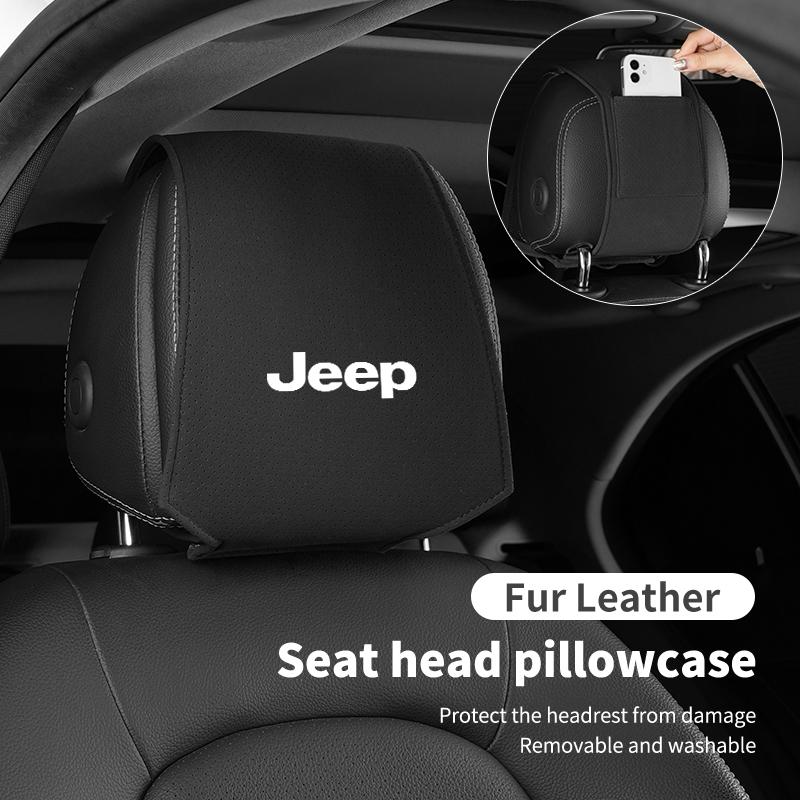 Car Logo Headrest Cover Leather Storage Neck Pillow Case Accessories For Jeep Renegade Compass Grand-Cherokee Wrangler-JK ALW1