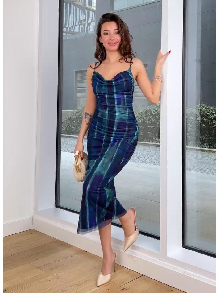 

2025 Summer European & American Sleeveless Pleated Zipper Dress for Women XS синий