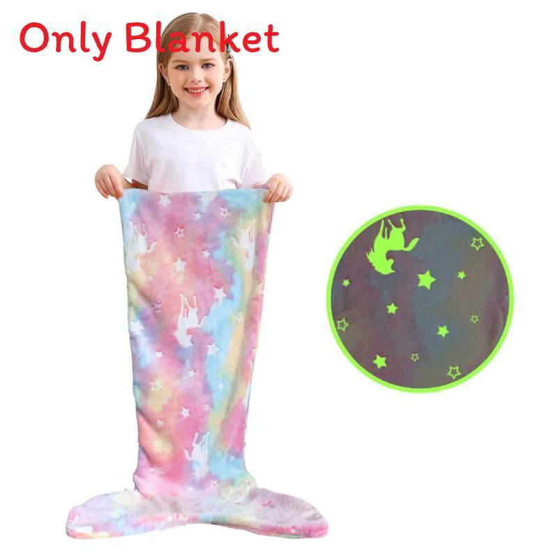 Glow In The Dark Modern Fleece Blanket For Kids With Cartoon Mermaid Stars And Sleepytime Warmth