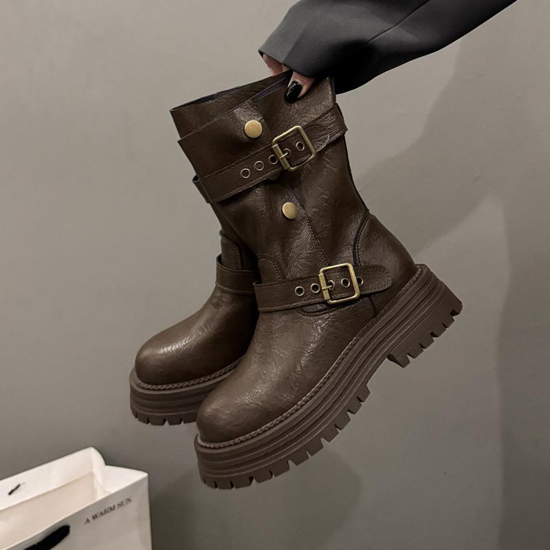 Women Boots Retro British Style Short Boot Mid-Calf Leather Boot Belt Buckle Design Knight Boots for Women Platform Bota