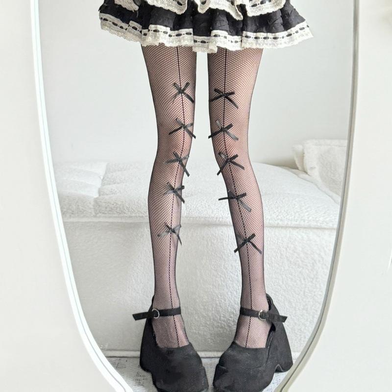 Millennium Bow-tie White Wind All Tie-in Thin Bottom Lolita Hollow Day Socks Summer Panty Net Socks One Size чёрный