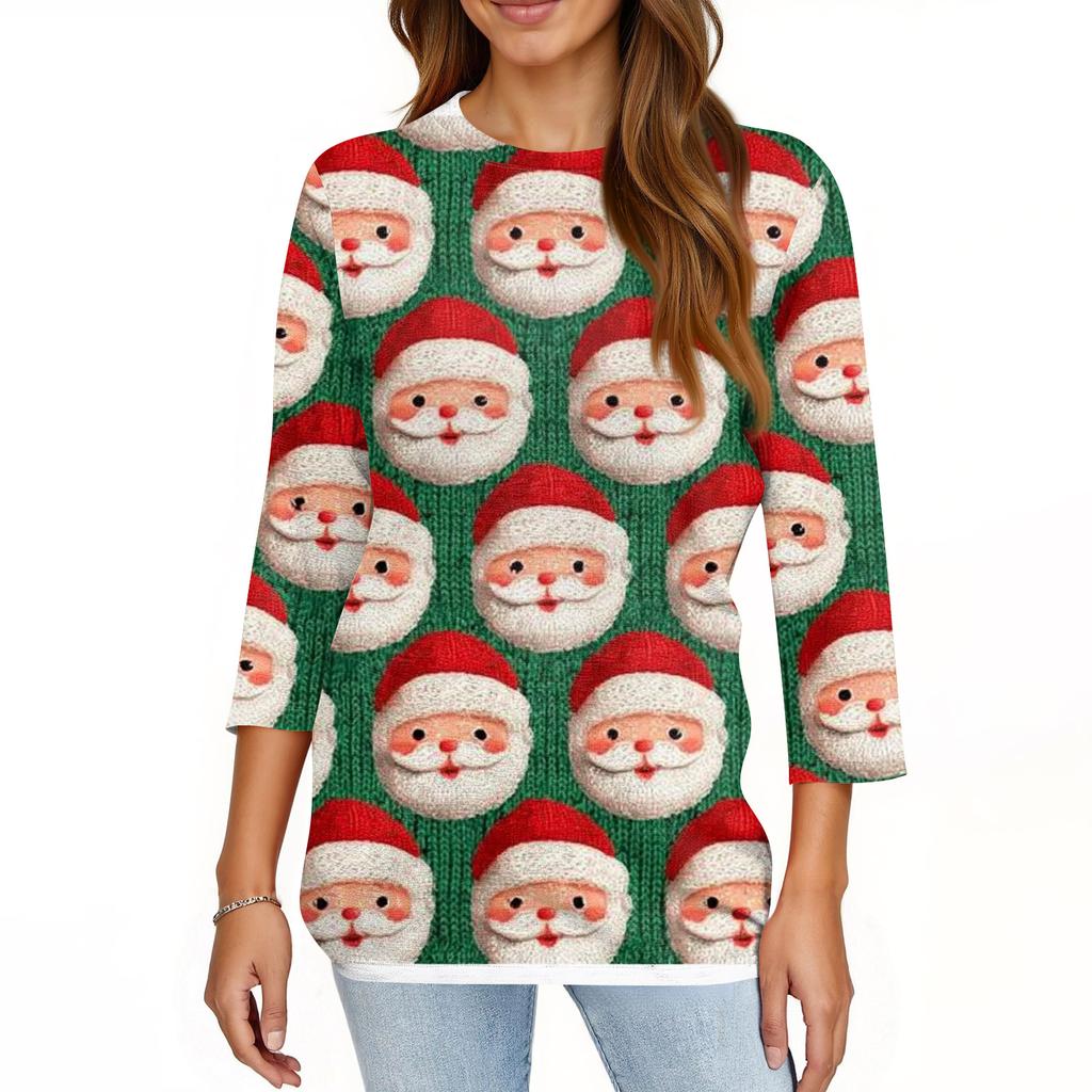 Women's Fashionable Casual Three Quarter Sleeve Christmas Printed Round Neck Top