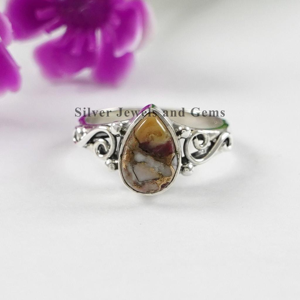 Spiny Oyster Turquoise Ring, Teardrop Mohave Turquoise Ring, Handmade 925 Sterling Silver December Birthstone Ring, Dainty Ring