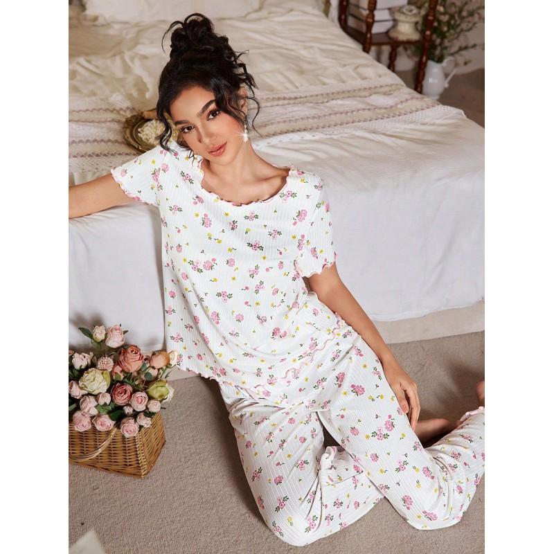 Womens Floral Pajama Set Short Sleeve Long Pants Loungewear 2 Piece