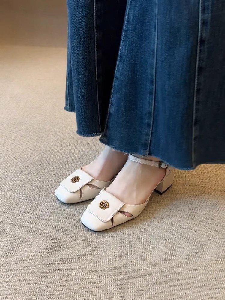 

Soft leather version~ French camellia hollow bag head sandals one-word buckle belt commuting temperament square head thick heel single shoes women 35