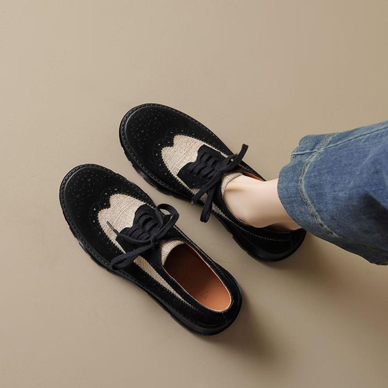 Fashion NEW Spring/Autumn Women Loafers Round Toe Chunky Heel Shoes Cow Suede Leather Shoes Women Lace-up Women Pumps Black Brogue Shoes