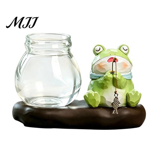 Office Desk Greenery Decor Leisure Fishing Frog/Cat/Panda/Bear Statue Ornaments, Clear Mini Vases Miniature Handcrafted Animal Resin Statues