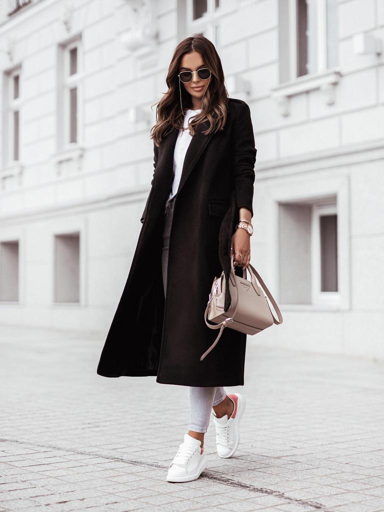 Women's Autumn/Winter V-Neck Tie-Up Woolen Coat with Long Sleeves