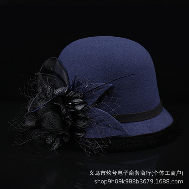 Autumn and winter woolen hat British retro top hat women's dome fashion hat pot hat flower decoration literary and retro