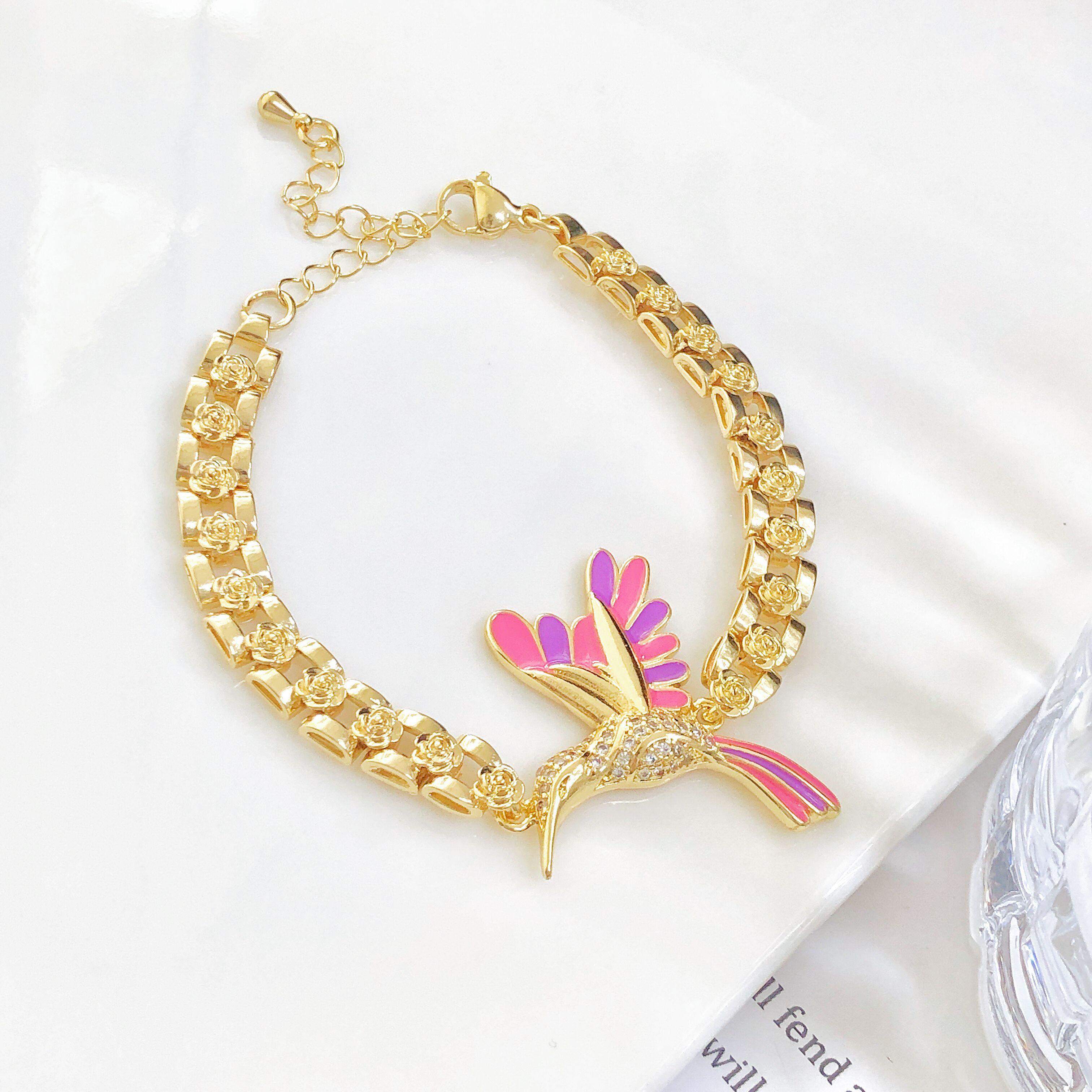 

New Creative Gold-Plated Zircon Hummingbird Rose Flower Chain Bracelet Luxury for Women Girls Daily Wear Zircon Birthday Gift