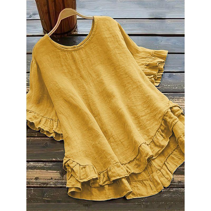 Loose Ruffled Short-Sleeve Top Solid Loose Ruffle Sleeve Short Sleeve Button Top