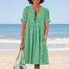 Women's Casual Loose Fashion Retro Cotton Short Sleeve V-neck Pleated Dress