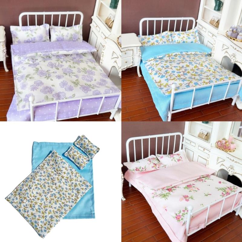 Rural Flower Print Bedding Sheet Pillow Quilt With Detailed Design For 1/12 Doll House Bedroom Model Scene Display