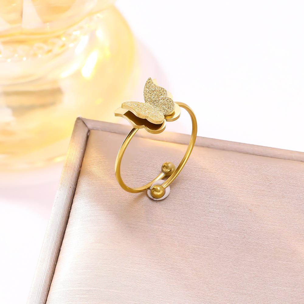 Luxury Romantic Adjustable Double-layer Frosted Butterfly Titanium Steel Ring for Women